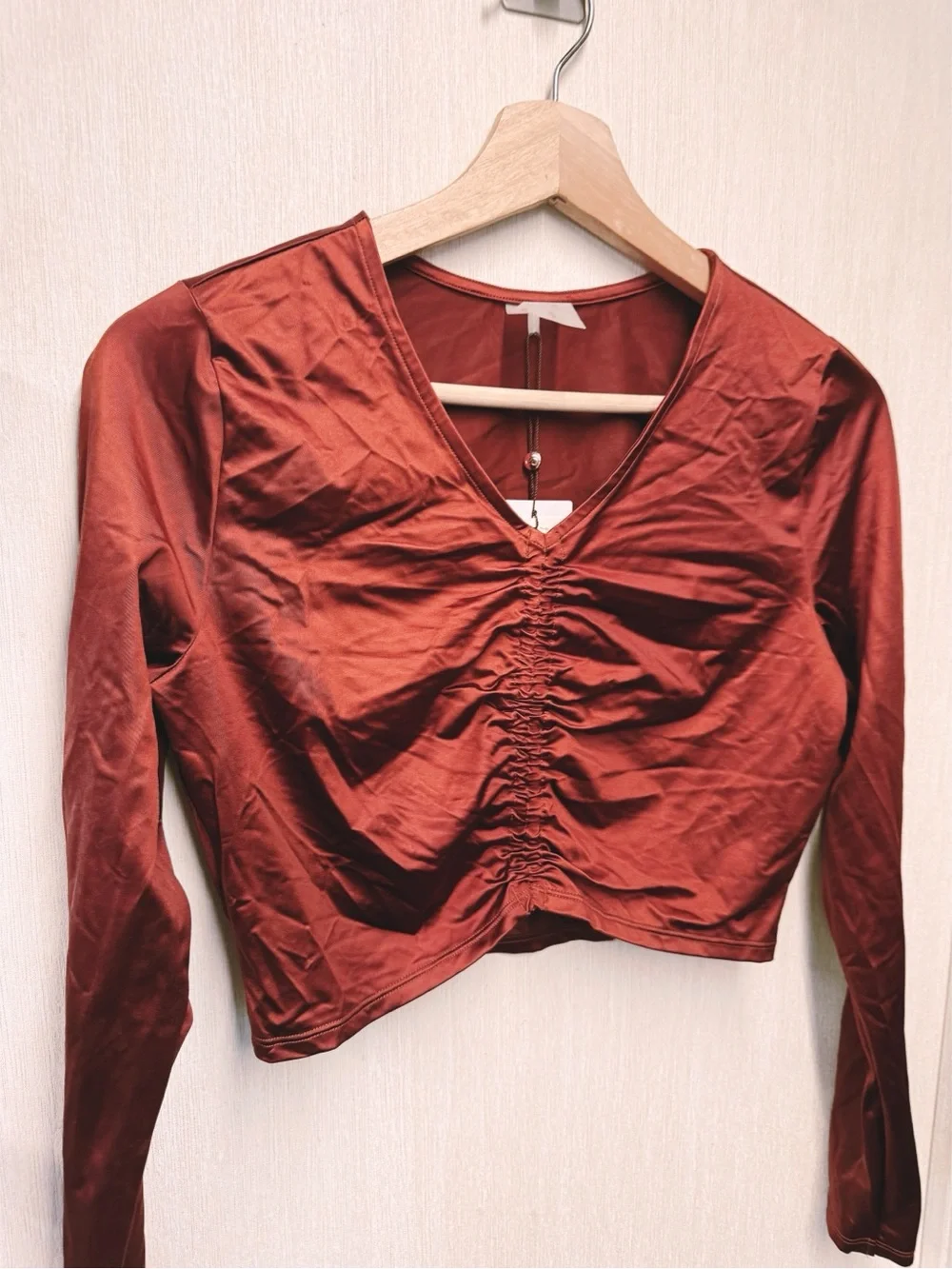 NWOT CALIA Long Sleeve Ruched Swim Rashguard Red Brown Shine UPF 50+, Size Small